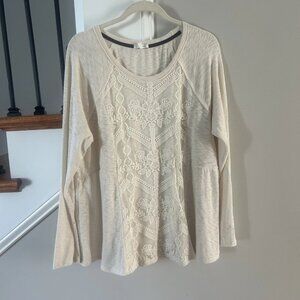 Maurices Top 1X Ivory Embroidered Lace Long Sleeve Slub Knit Tunic